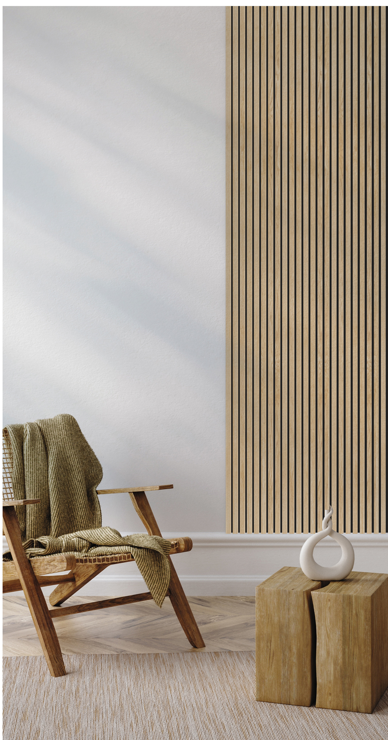 Akustický obklad VENEER Light Oak na stene obývačky