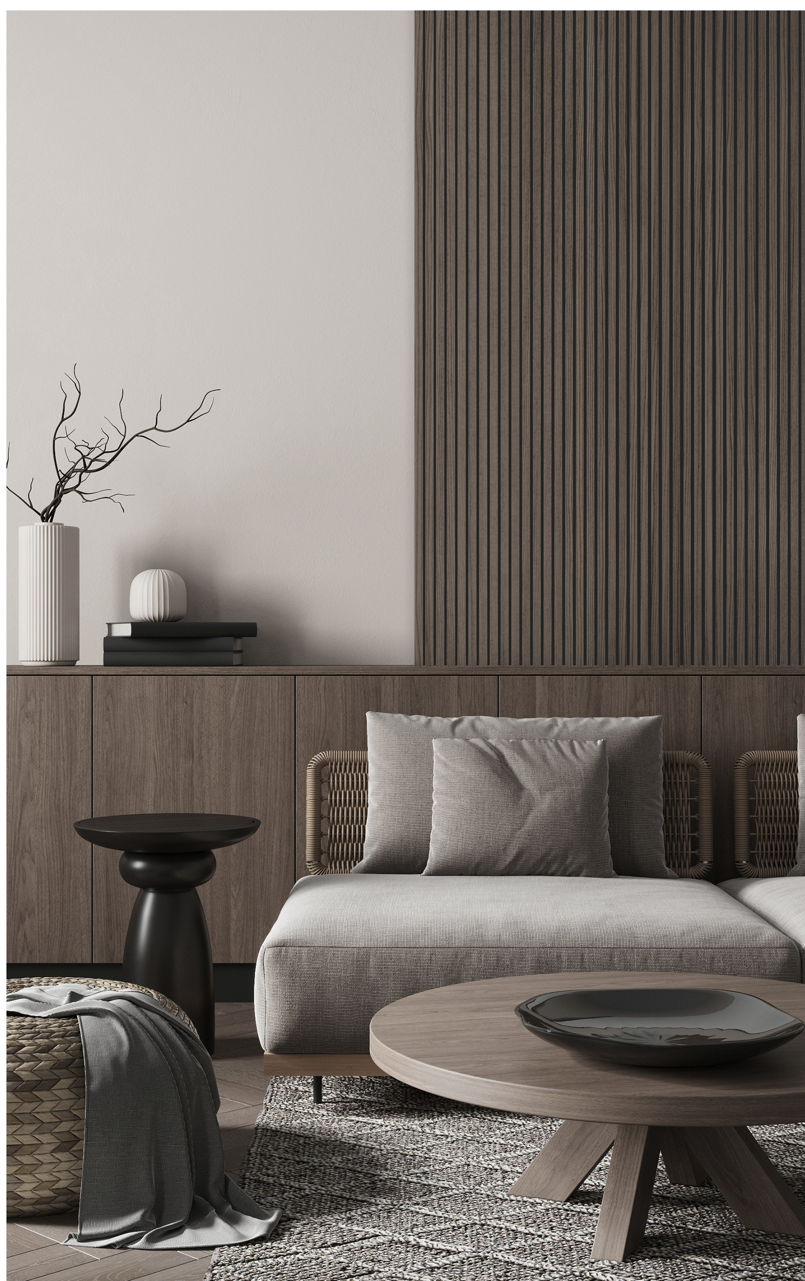 Akustický obklad VENEER Walnut v obývačke s tmavým nábytkom