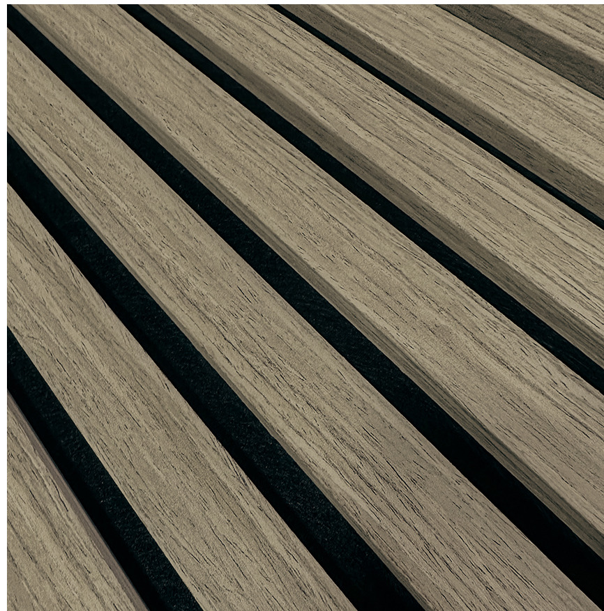 Detail lamiel a čiernej akustickej textílie obkladu VENEER Rustic Oak